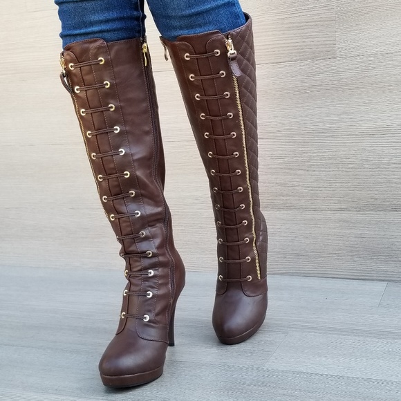 Knee High Heel Boots Brown Vegan Leather and fur - Picture 2 of 8